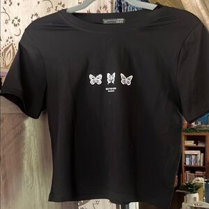 Black Short Sleeve Tee with Butterfly Accents